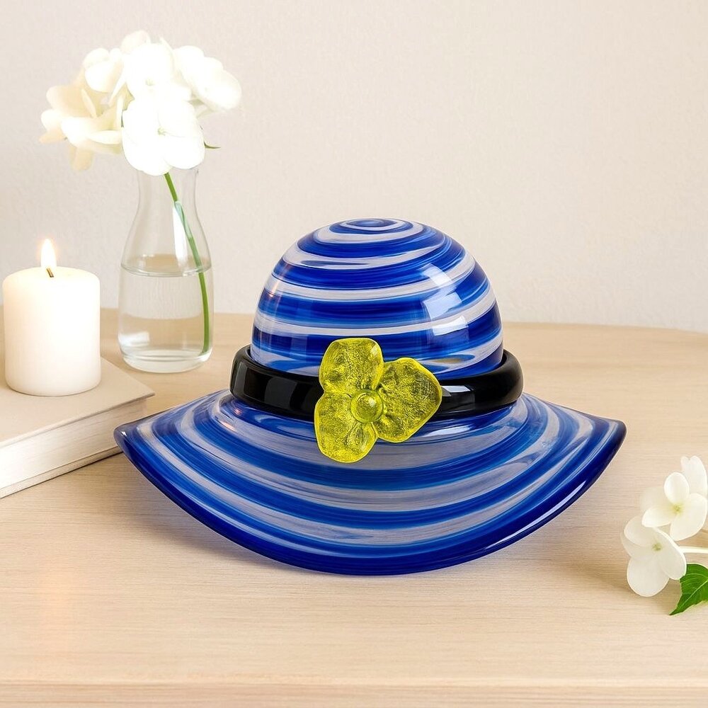Block Crystal Art Glass Hat Figurine Blue Swirl Yellow Flower Vintage Collectibl